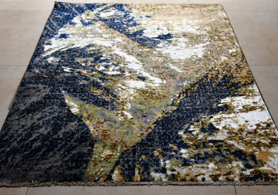 Beige Blue and Green Contemporary Silk and Wool Handmade Carpet (4 x 6 ft)