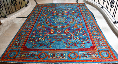 Peacock Blue and Red Chobi Carpet (6x9 ft)
