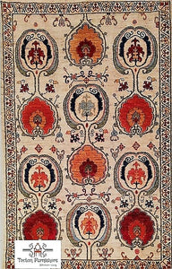 Off-white Orange Maroon handmade Suzani Carpet (4x6 ft)