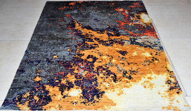 Grey Mustard Purple Contemporary Wool and silk Handmade Carpet (4 x 6 ft)