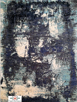 Off-white and Blue Contemporary Handmade Wool Chobi (8x10 ft)
