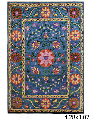 Blue Mauve and Yellow Handmade Chobi Carpet (10X14 ft)
