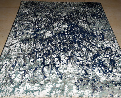 White Blue Sea Green Silk and Wool Contemporary Handmade Carpet (4'.2