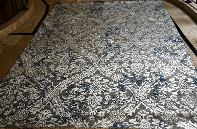 Grey Grey Silky with Blue Wool and Silk hand-made Chobi Carpet (6'X9' ft)