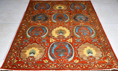 Rust blue and Yellow Handmade Suzani Carpet (4 x 6 ft)