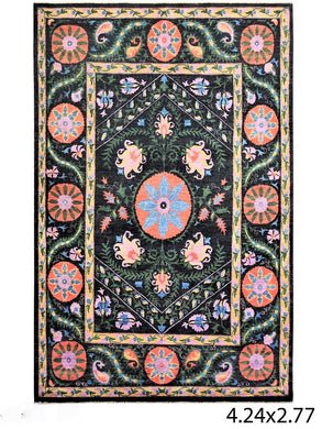 Black Yellow Green and Pink Handmade Chobi Carpet (10X14 ft)