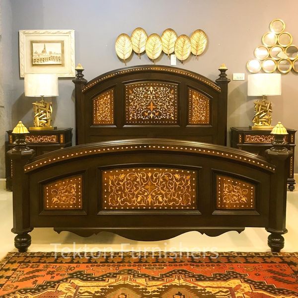 Traditional Solid Wood Bed Set With Inlay Work. – Tekton Furnishers